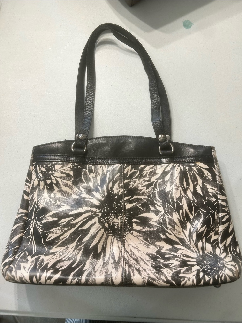 Patricia Nash Black and Cream Floral Shoulder Tote